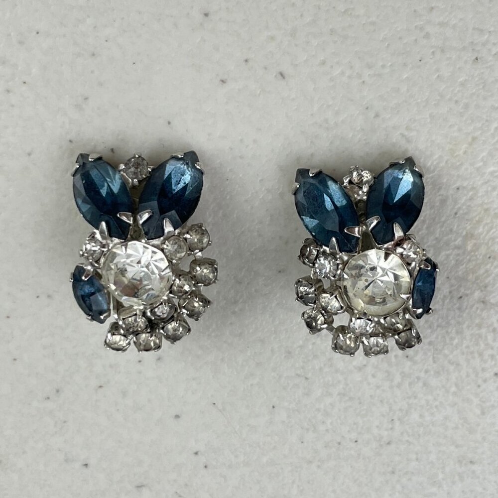 Vintage Clip Earrings Clear & Deep Blue Crystal Abstract Flower Shape 1980s